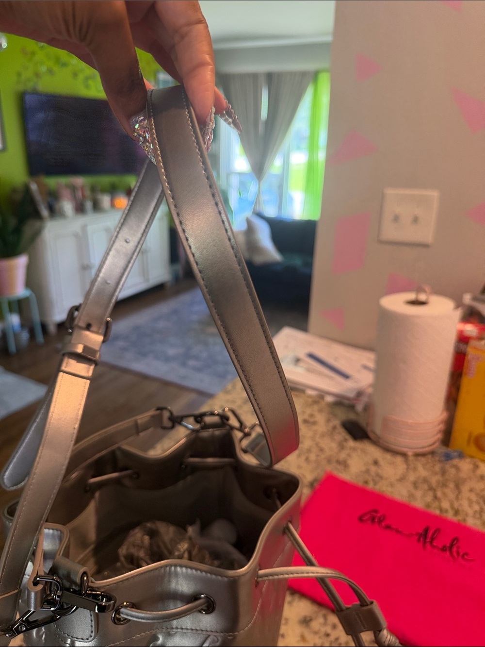 Glam-Aholic Monogram Metallic Silver Embossed Drawstring Bucket Shoulder Bag - Picture 12 of 15